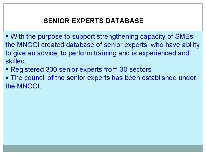 SENIOR EXPERTS DATABASE § With the purpose to support strengthening capacity of SMEs, the