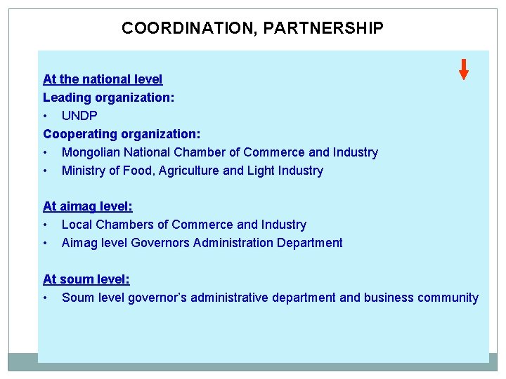 COORDINATION, PARTNERSHIP At the national level Leading organization: • UNDP Cooperating organization: • Mongolian