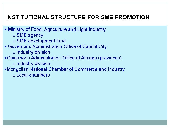  INSTITUTIONAL STRUCTURE FOR SME PROMOTION § Ministry of Food, Agriculture and Light Industry