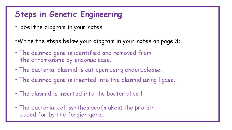 Steps in Genetic Engineering • Label the diagram in your notes • Write the