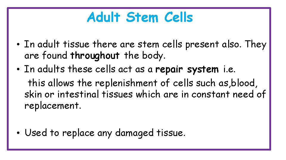 Adult Stem Cells • In adult tissue there are stem cells present also. They
