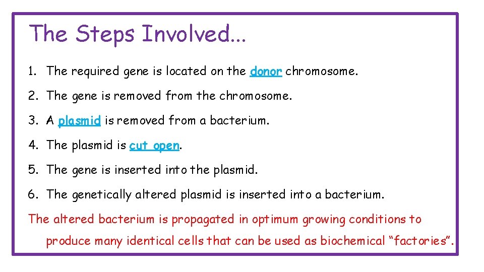 The Steps Involved. . . 1. The required gene is located on the donor