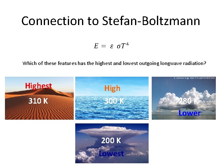 Connection to Stefan-Boltzmann Which of these features has the highest and lowest outgoing longwave