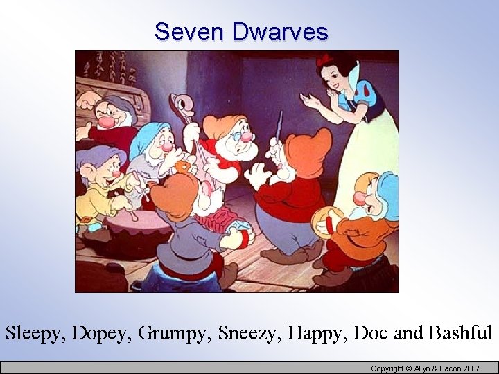 Seven Dwarves Sleepy, Dopey, Grumpy, Sneezy, Happy, Doc and Bashful Copyright © Allyn &