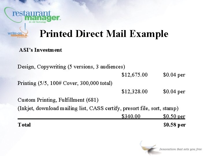 Printed Direct Mail Example ASI’s Investment Design, Copywriting (5 versions, 3 audiences) $12, 675.