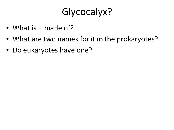 Glycocalyx? • What is it made of? • What are two names for it