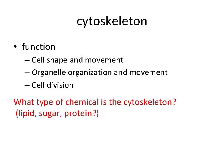 cytoskeleton • function – Cell shape and movement – Organelle organization and movement –