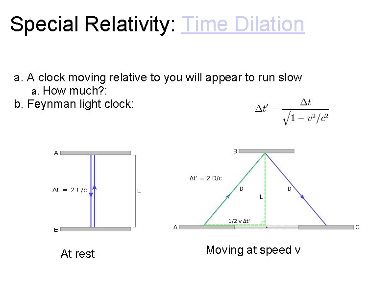 Special Relativity: Time Dilation a. A clock moving relative to you will appear to