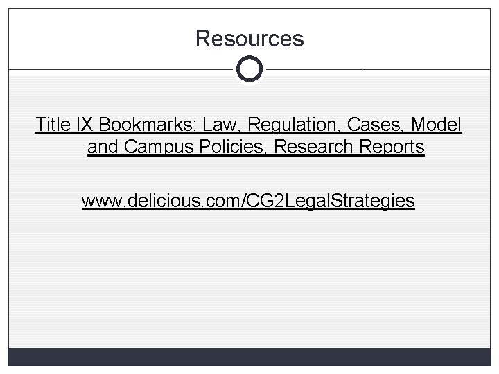 Resources Title IX Bookmarks: Law, Regulation, Cases, Model and Campus Policies, Research Reports www.