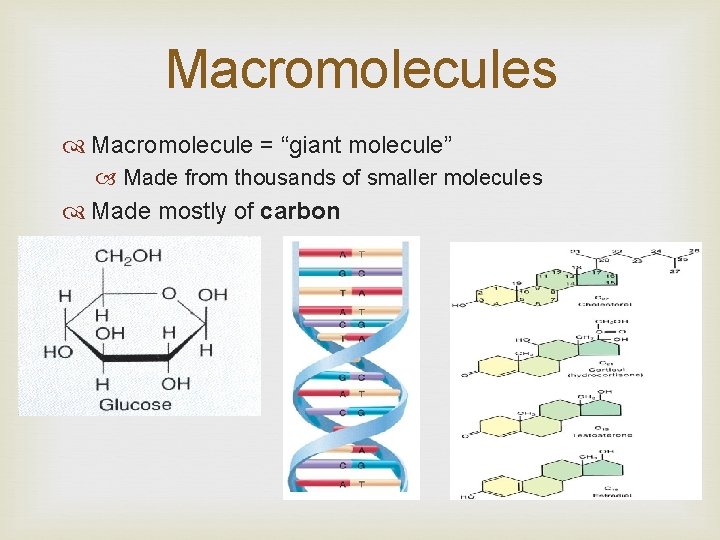 Macromolecules Macromolecule = “giant molecule” Made from thousands of smaller molecules Made mostly of