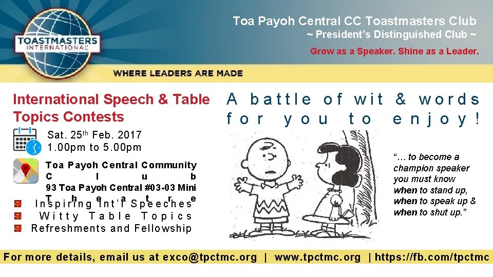 Toa Payoh Central CC Toastmasters Club ~ President’s Distinguished Club ~ Grow as a