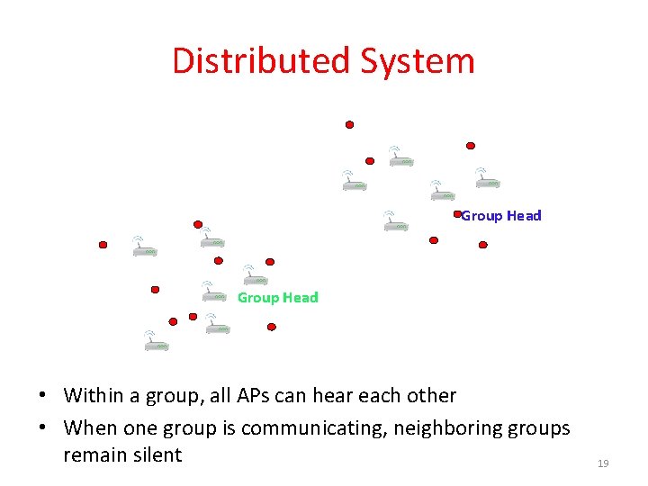 Distributed System Group Head • Within a group, all APs can hear each other