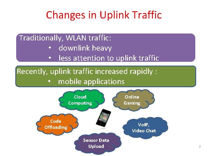 Changes in Uplink Traffic Traditionally, WLAN traffic: • downlink heavy • less attention to