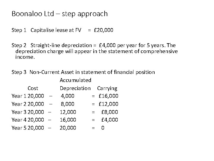 Boonaloo Ltd – step approach Step 1 Capitalise lease at FV = £ 20,