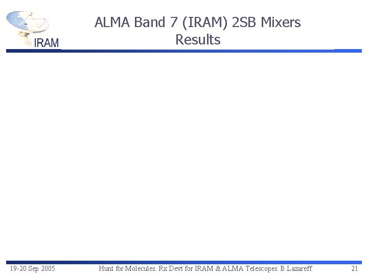 ALMA Band 7 (IRAM) 2 SB Mixers Results 19 -20 Sep 2005 Hunt for