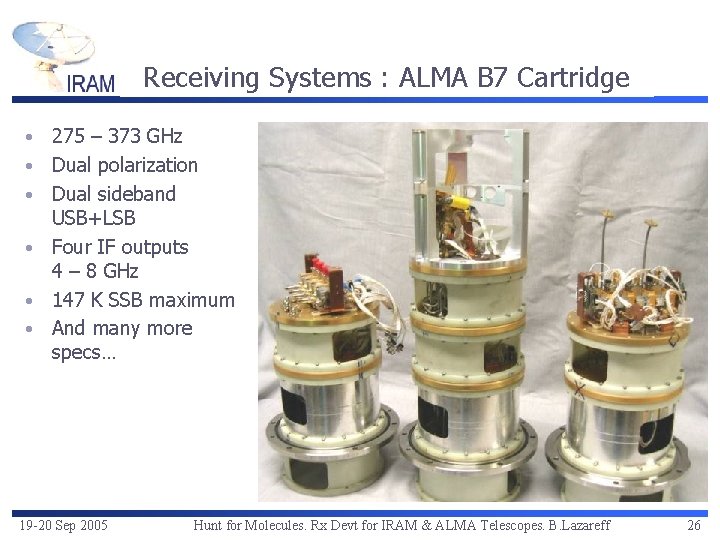 Receiving Systems : ALMA B 7 Cartridge • • • 275 – 373 GHz