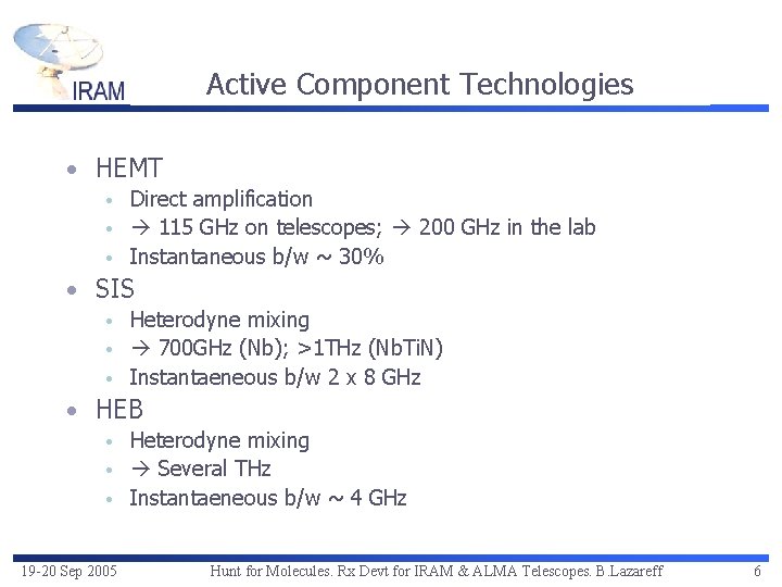 Active Component Technologies • HEMT Direct amplification • 115 GHz on telescopes; 200 GHz