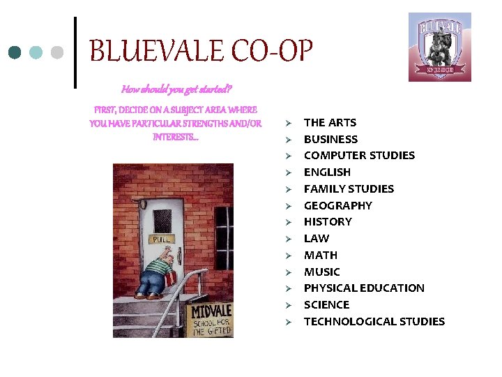 BLUEVALE CO-OP How should you get started? FIRST, DECIDE ON A SUBJECT AREA WHERE