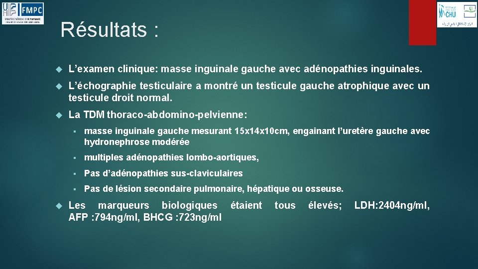 Résultats : L’examen clinique: masse inguinale gauche avec adénopathies inguinales. L’échographie testiculaire a montré