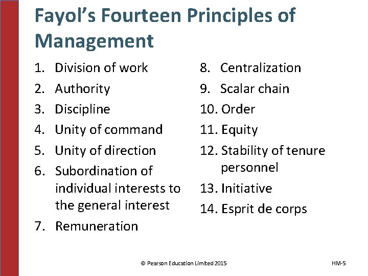 Fayol’s Fourteen Principles of Management 1. 2. 3. 4. 5. 6. Division of work