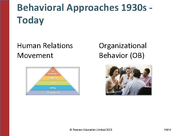 Behavioral Approaches 1930 s Today Human Relations Movement Organizational Behavior (OB) © Pearson Education