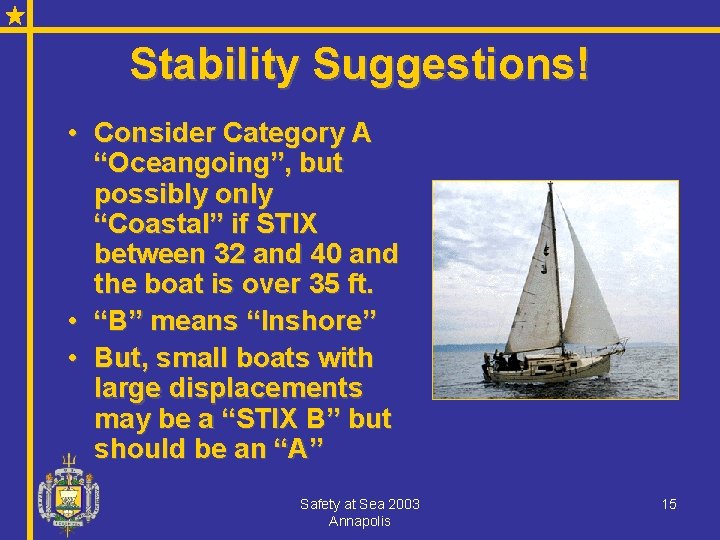 Stability Suggestions! • Consider Category A “Oceangoing”, but possibly only “Coastal” if STIX between