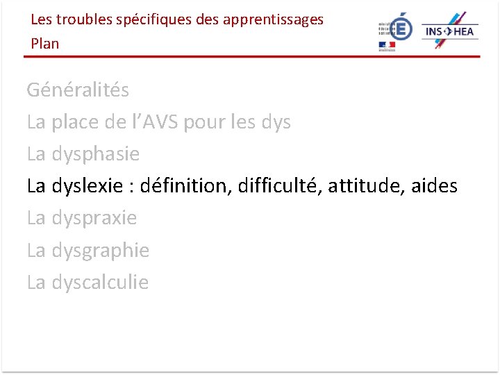 Les troubles spécifiques des apprentissages Plan Généralités La place de l’AVS pour les dys