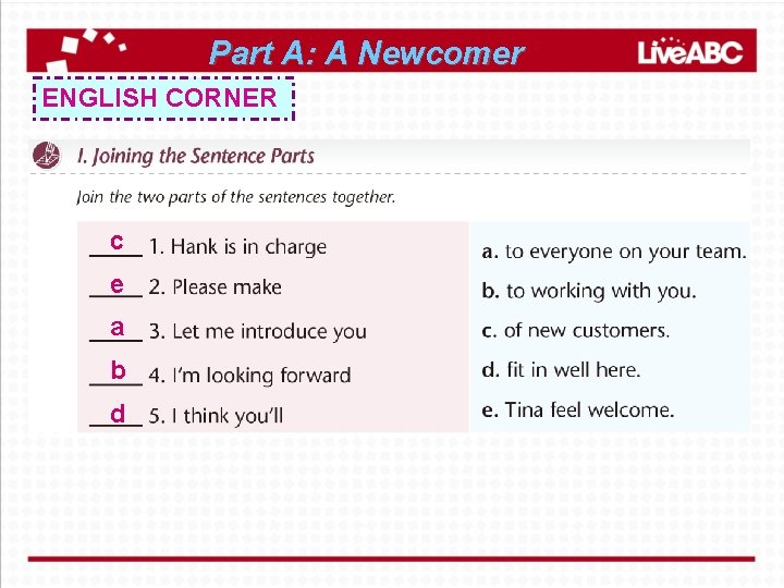 Part A: A Newcomer ENGLISH CORNER c e a b d 