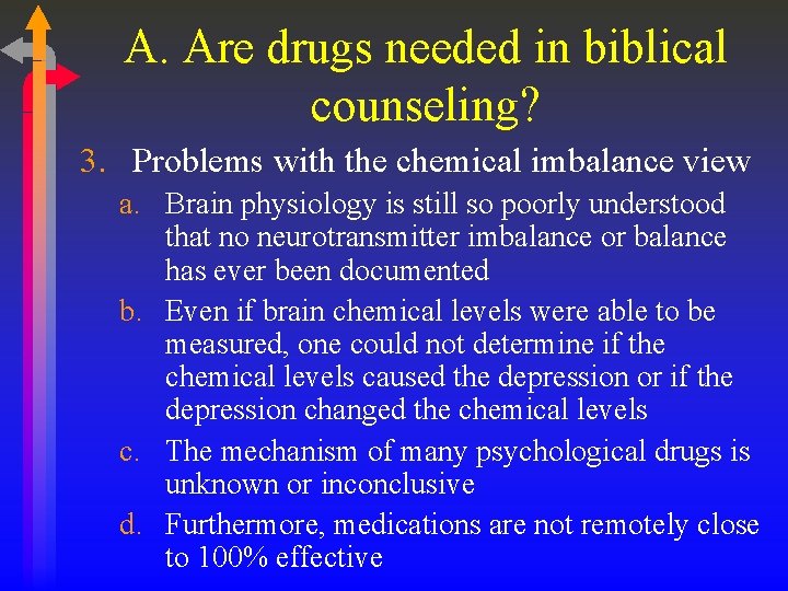 A. Are drugs needed in biblical counseling? 3. Problems with the chemical imbalance view