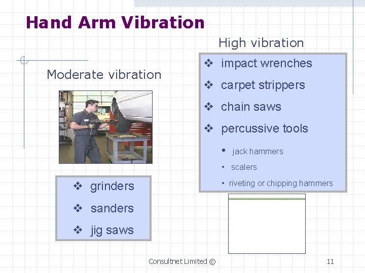 Hand Arm Vibration High vibration Moderate vibration v impact wrenches v carpet strippers v
