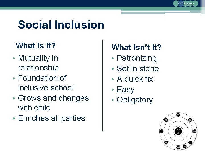 Social Inclusion What Is It? • Mutuality in relationship • Foundation of inclusive school