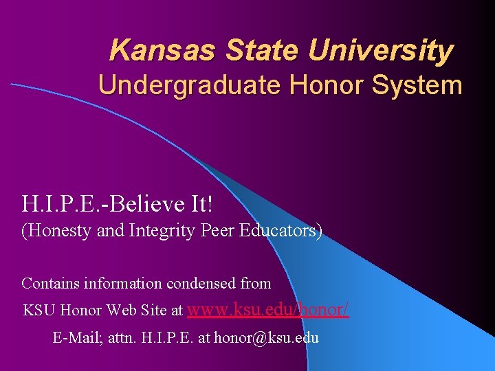 Kansas State University Undergraduate Honor System H. I. P. E. -Believe It! (Honesty and