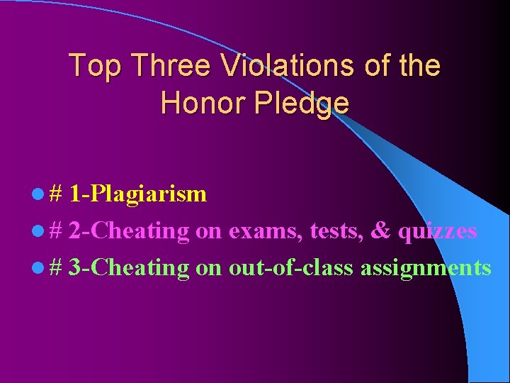 Top Three Violations of the Honor Pledge l# 1 -Plagiarism l # 2 -Cheating