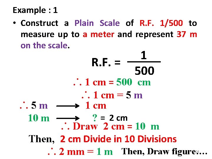 Example : 1 • Construct a Plain Scale of R. F. 1/500 to measure