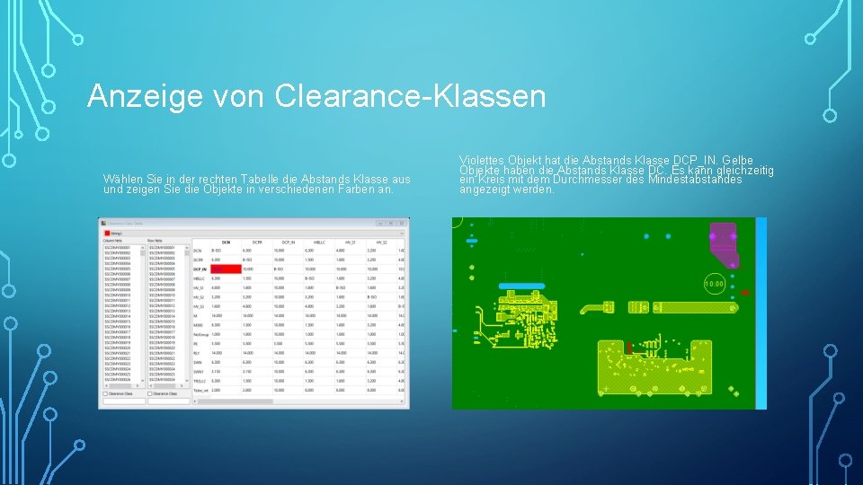 Anzeige von Clearance-Klassen Wählen Sie in der rechten Tabelle die Abstands Klasse aus und