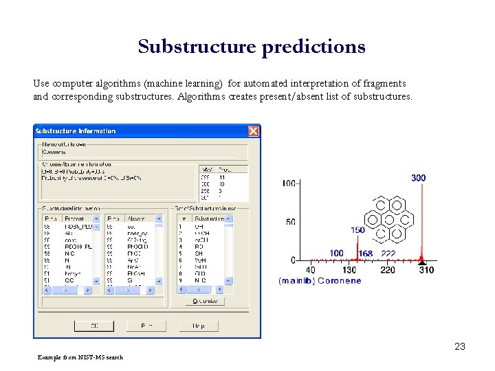 Substructure predictions Use computer algorithms (machine learning) for automated interpretation of fragments and corresponding