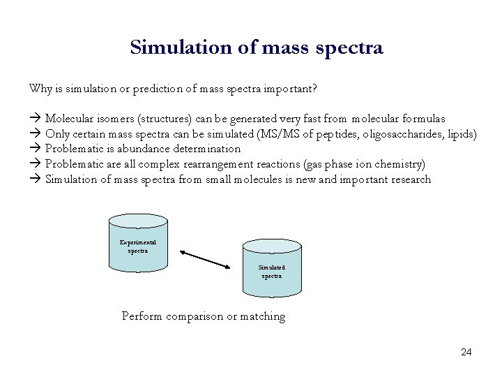 Simulation of mass spectra Why is simulation or prediction of mass spectra important? Molecular