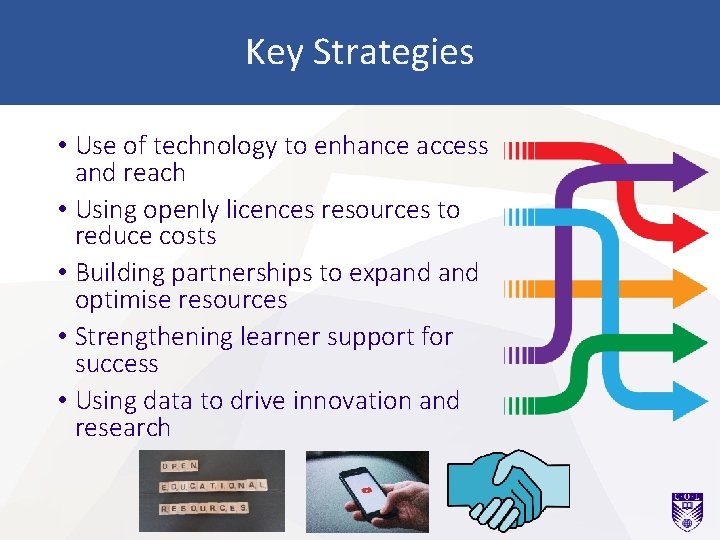 Key Strategies • Use of technology to enhance access and reach • Using openly