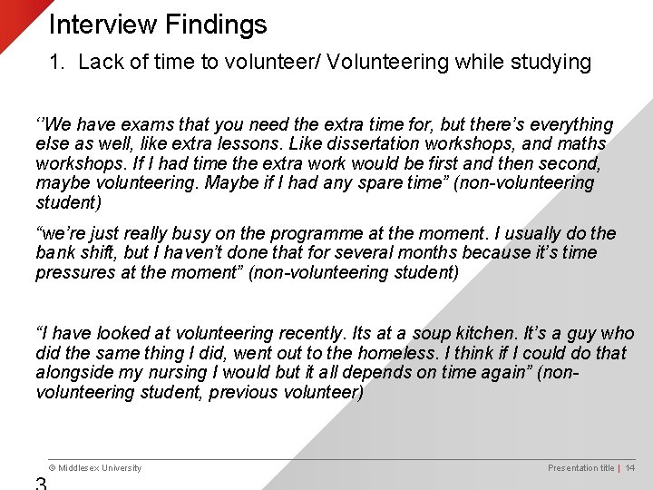 Interview Findings 1. Lack of time to volunteer/ Volunteering while studying ‘’We have exams