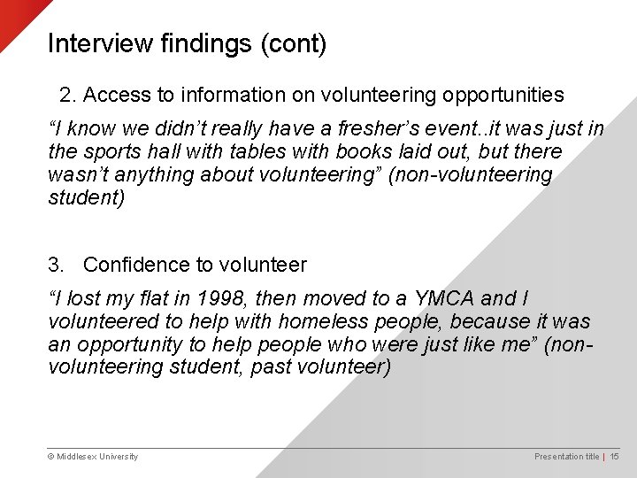 Interview findings (cont) 2. Access to information on volunteering opportunities “I know we didn’t