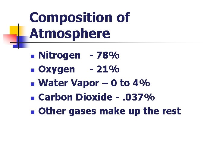 Composition of Atmosphere n n n Nitrogen - 78% Oxygen - 21% Water Vapor