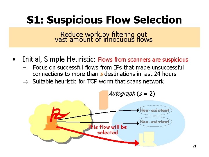 S 1: Suspicious Flow Selection Reduce work by filtering out vast amount of innocuous