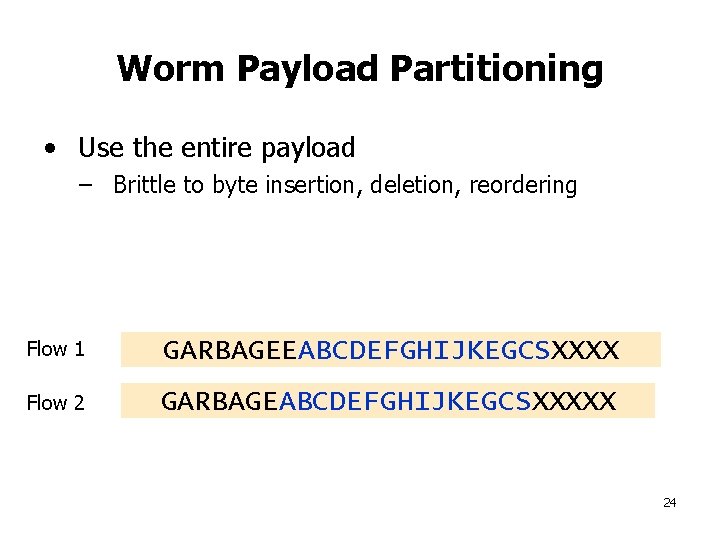 Worm Payload Partitioning • Use the entire payload – Brittle to byte insertion, deletion,