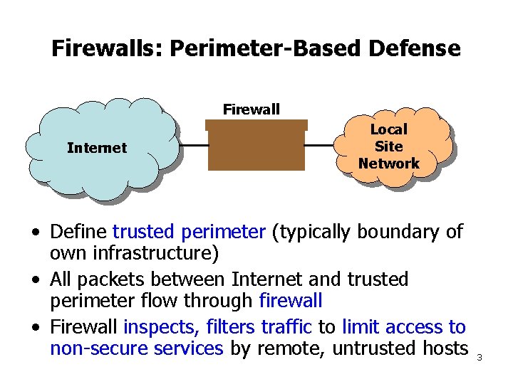 Firewalls: Perimeter-Based Defense Firewall Internet Local Site Network • Define trusted perimeter (typically boundary