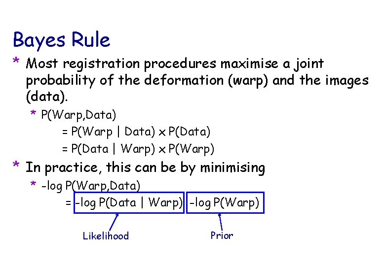 Bayes Rule * Most registration procedures maximise a joint probability of the deformation (warp)