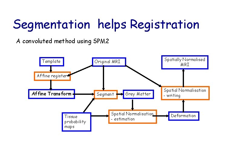 Segmentation helps Registration A convoluted method using SPM 2 Template Spatially Normalised MRI Original