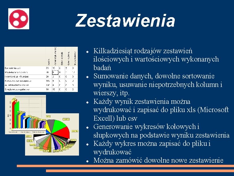 Zestawienia Kilkadziesiąt rodzajów zestawień ilościowych i wartościowych wykonanych badań Sumowanie danych, dowolne sortowanie wyniku,