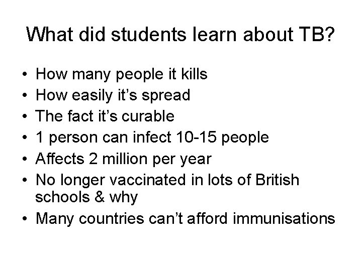 What did students learn about TB? • • • How many people it kills