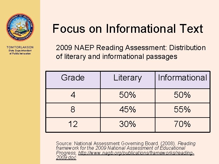 Focus on Informational Text TOM TORLAKSON State Superintendent of Public Instruction 2009 NAEP Reading