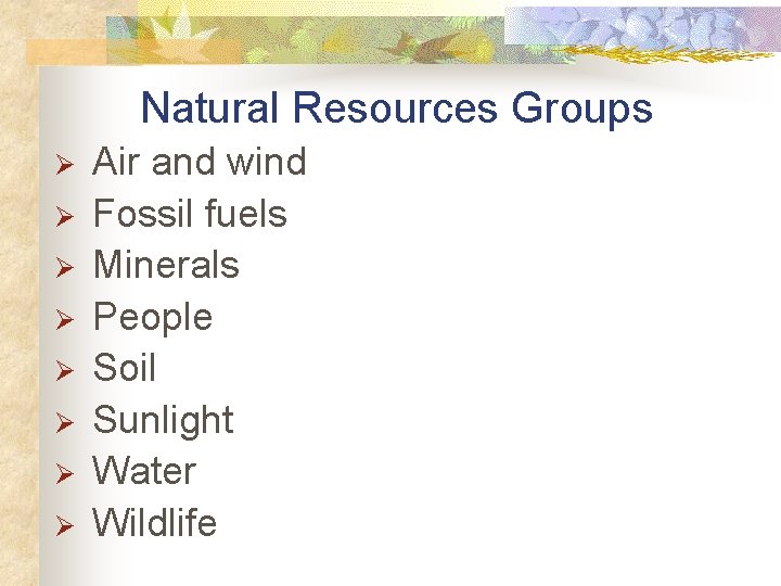 Natural Resources Groups Ø Ø Ø Ø Air and wind Fossil fuels Minerals People
